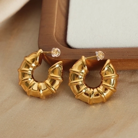 Pendientes De Aro Croissant Acero De Titanio Chapado En Oro Nervado Forma C Geométrico Estilo Retro Francés Para Mujer