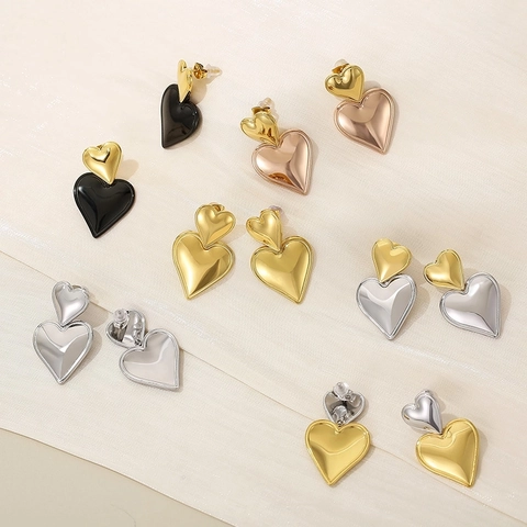 Pendientes De Doble Corazón Minimalistas Chapados En Oro De 18 Quilates Acero De Titanio Empalmado En Capas Joyería Vintage Retro