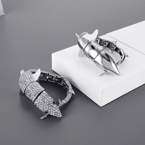 Herren Armband Edelstahl Hip Hop Delphin Hai Tierform Poliertes Metall Strass Punk Rock Schmuck