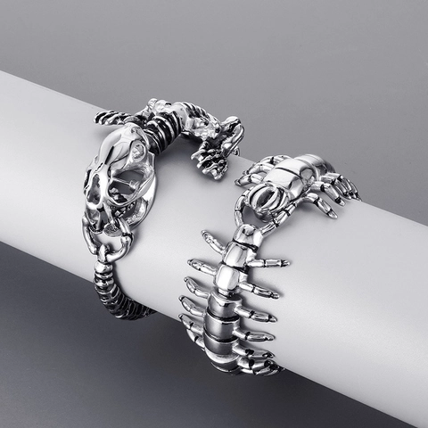 Bracciale Punk In Acciaio Inossidabile Da Uomo Argento Vintage Millepiedi Coccodrillo Dinosauro Scheletro Gotico