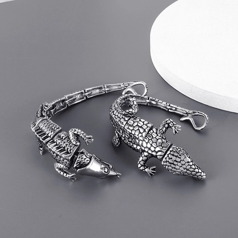 Bracciale Punk In Acciaio Inossidabile Da Uomo Argento Vintage Millepiedi Coccodrillo Dinosauro Scheletro Gotico