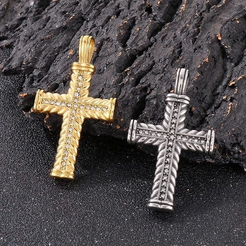 Collar Con Colgante De Cruz Acero Inoxidable Con Diamantes De Imitación Textura Cuerda Trenzada Joyería Hip Hop Hombre