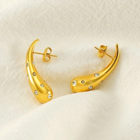 Water Drop Stud Earrings 18K Gold Plated Stainless Steel Rhinestone Inlaid Fashion Jewelry For Women