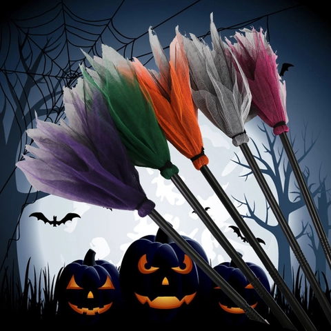 Halloween Witch Broom Prop Detachable Plastic Handle Mesh Tail For Cosplay Party Costume Decor Accessory