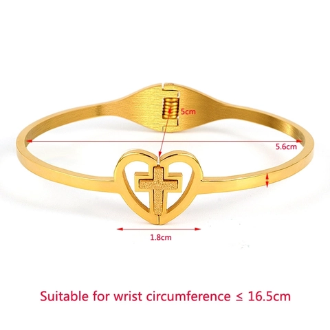 Brazalete de Acero Inoxidable con Corazón y Cruz para Mujer Chapado en Oro Rosa Plata Pulsera de Bisagra Religiosa Joyería de Moda Regalo