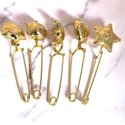 Gold Edelstahl Teesieb Zange Langer Griff Herz Stern Mond Form Lose Tee Filter Küchenwerkzeug
