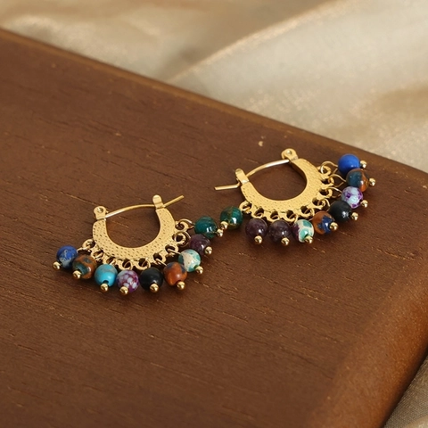 Bohemian Bunte Agat Perlen Creolen Vergoldeter Titanstahl Gehämmert Retro Ethnischer Schmuck Für Damen