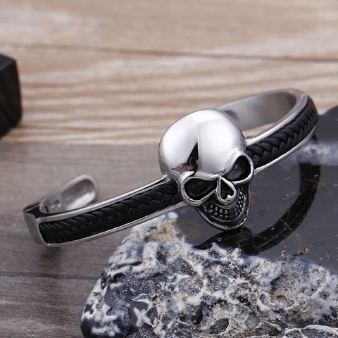 Punk Skull Stainless Steel Bracelet With Black Braided Leather Open Cuff Bangle For Men Gothic Rock Jewelry