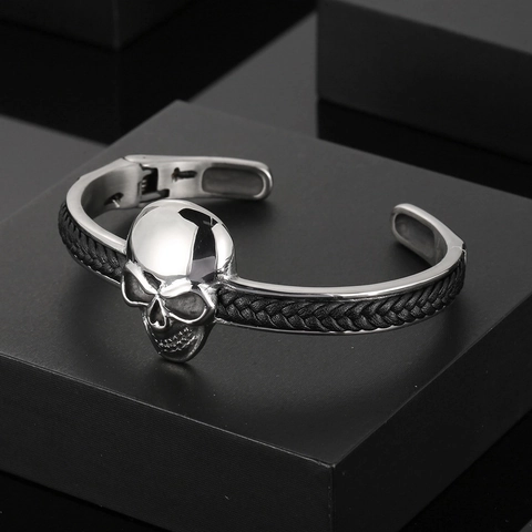 Punk Skull Stainless Steel Bracelet With Black Braided Leather Open Cuff Bangle For Men Gothic Rock Jewelry
