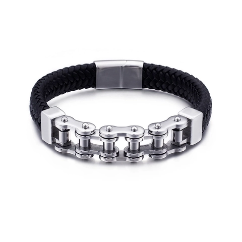 Bracciale Da Uomo In Pelle Intrecciata Acciaio Inossidabile Catena Da Bicicletta Gioielli Punk Biker Con Chiusura Magnetica