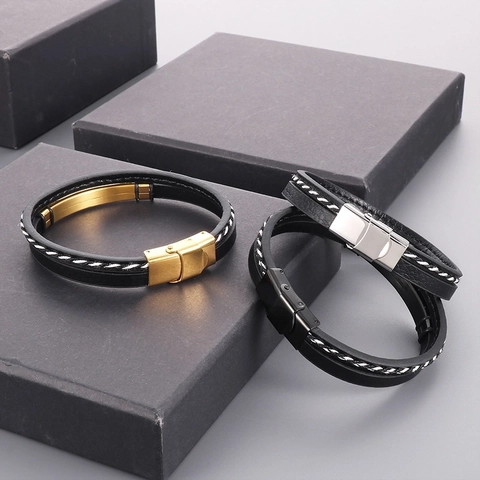 Men Braided Leather Bracelet With Stainless Steel Curved Plate Multilayer Cord Fashion Wristband Jewelry