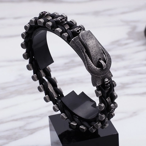 Pulsera De Cuero Trenzado Punk Vintage Para Hombre Con Calaveras De Acero Inoxidable 316L Joyería Gótica