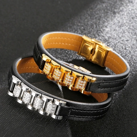 Men Leather Bracelet With Stainless Steel Watchband Link Design Zircon Inlay Luxury Fashion Jewelry Gift For Him