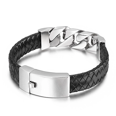 Bracciale Da Uomo In Pelle Intrecciata Con Catena Cubana In Acciaio Inossidabile 316L Motivo Teschio Stile Punk Biker Nero Argent