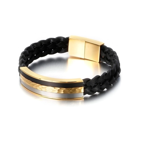 Men Woven Leather Bracelet With Stainless Steel Magnetic Clasp Hip Hop Punk Geometric Cowhide Jewelry For Men