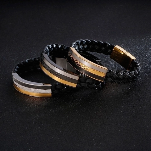 Men Woven Leather Bracelet With Stainless Steel Magnetic Clasp Hip Hop Punk Geometric Cowhide Jewelry For Men