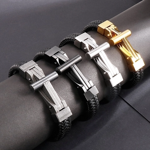 Herren Geflochtenes Lederarmband Mit Edelstahl Magnetverschluss Industrieller Geometrischer Punk Stil Schmuck