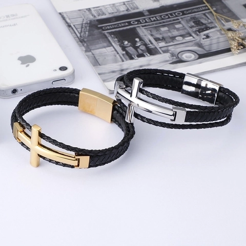 Bracciale Da Uomo In Pelle Intrecciata Multistrato Con Croce In Acciaio Inossidabile Chiusura Magnetica Punk