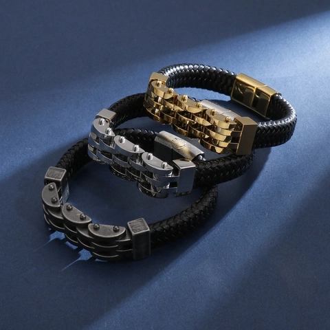 Men Braided Leather Bracelet With 316L Stainless Steel Magnetic Clasp Industrial Punk Style Fashion Jewelry Bangle