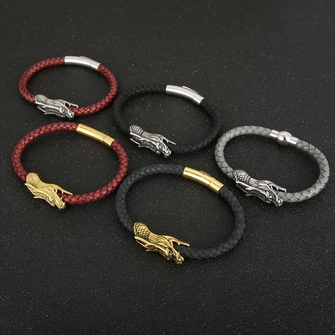 Bracciale In Pelle Intrecciata Testa Di Drago Per Uomo Acciaio Inossidabile Chiusura Magnetica Gioielli Stile Cinese