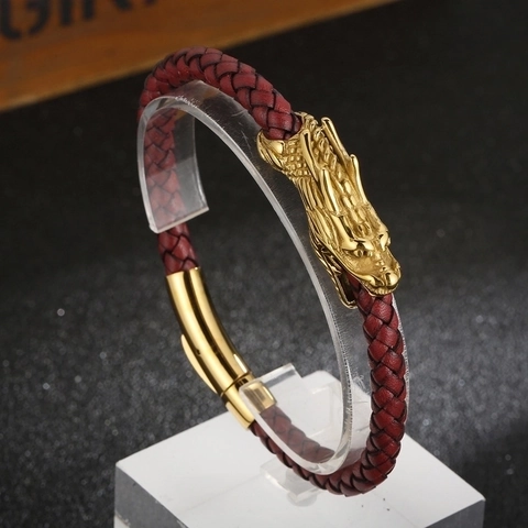 Bracciale In Pelle Intrecciata Testa Di Drago Per Uomo Acciaio Inossidabile Chiusura Magnetica Gioielli Stile Cinese