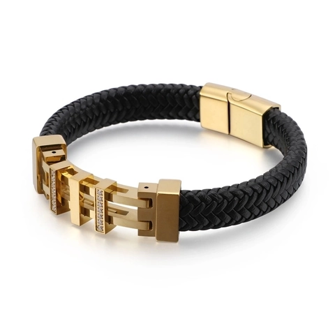 Men Braided Leather Bracelet With Stainless Steel Rhinestone Geometric Magnetic Clasp Vintage Punk Style Jewelry