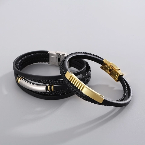 Bracciale Da Uomo Multistrato In Pelle Di Vacchetta Intrecciata E Silicone Con Chiusura In Acciaio Inossidabile Accessorio