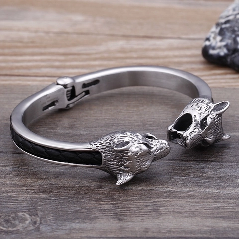 Wolfskopf Guss Armreif Armband Für Herren 316L Edelstahl Mit Geflochtenem Leder Vintage Punk Wikinger Stil Manschette