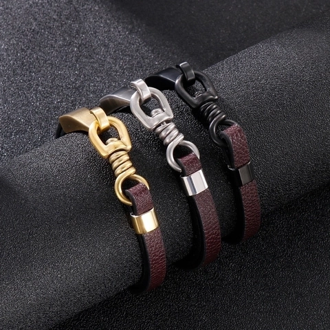 Bracciale In Pelle Di Vacchetta Da Uomo Con Chiusura A Gancio In Acciaio Inossidabile Gioielli Stile Punk Retrò