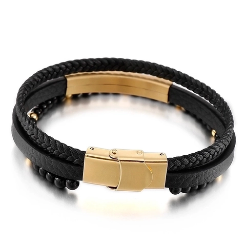 Bracelet Multi Couches Homme Acier Inoxydable Cuir Tressé Perles Gourmette Style Punk Bijoux Accessoires