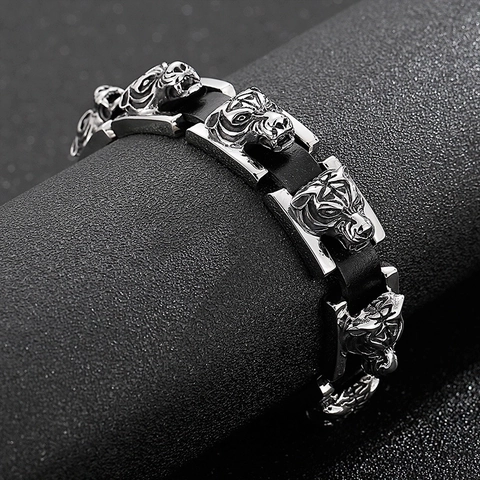 Heren Tijgerkop Armband 316L Roestvrij Staal Gevlochten Echt Leer Hip Hop Punk Gothic Dierlijke Sieraden