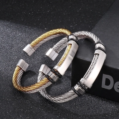 Brazalete Trenzado De Cable De Acero Inoxidable Con Placa De Metal Mate Pulsera Retorcida Industrial Para Hombre Y Mujer
