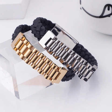 Pulsera Hombre Acero Inoxidable Cordón Cuero Trenzado Hebilla Estilo Reloj Circón Punk Joyería Tendencia
