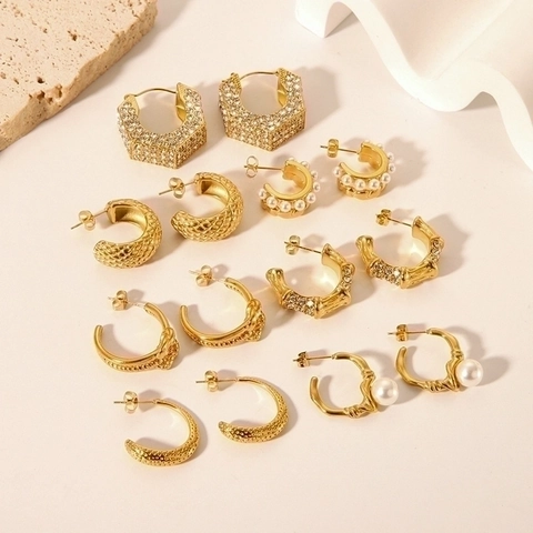 18K Gold Plated Stainless Steel Hoop Earrings For Women Luxury Rhinestone Artificial Pearl Geometric C-Shape Earrings Jewelry