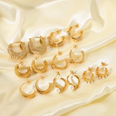 18K Gold Plated Stainless Steel Hoop Earrings For Women Luxury Rhinestone Artificial Pearl Geometric C-Shape Earrings Jewelry
