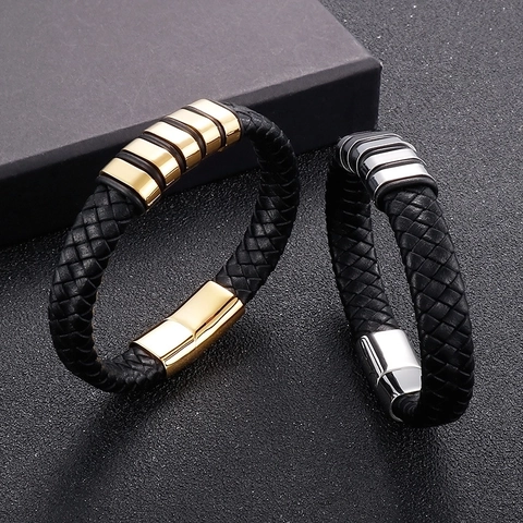 Bracciale Da Uomo In Vera Pelle Intrecciata Con Chiusura Magnetica In Acciaio Inossidabile Stile Punk