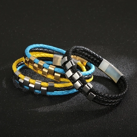 Men's Woven Cowhide Leather Bracelet With Stainless Steel Magnetic Clasp Personalized Multi-Layer Casual Jewelry Gift