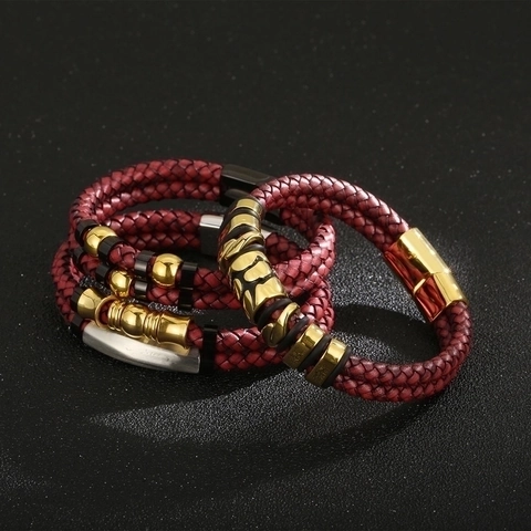 Men Braided Leather Bracelet With Stainless Steel Beads Magnetic Clasp Double Layer Red Punk Jewelry For Man