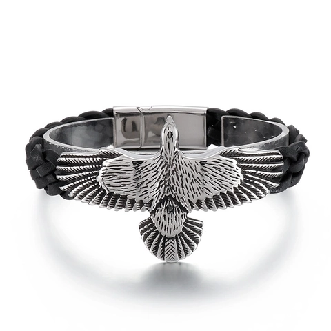 Men's Eagle Stainless Steel And Braided Cowhide Leather Bracelet Retro Punk Style Jewelry