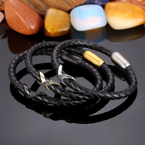 Bracciale In Pelle Intrecciata Per Uomo Con Chiusura Magnetica In Acciaio Inossidabile Rame Strass Simbolo Infinito