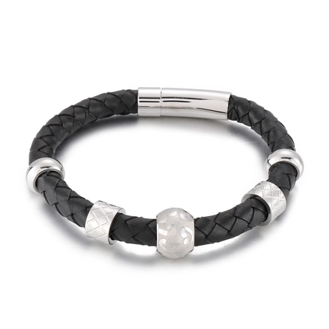 Pulsera De Cuero Trenzado Para Hombre Con Cierre Magnético De Acero Inoxidable Cuentas De Metal Geométricas Joyería Negra Casual