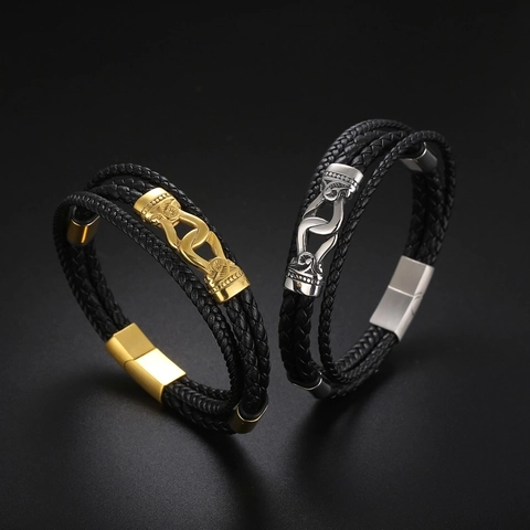 Pulsera De Cuero Trenzado De Varias Capas Para Hombre Con Cierre Magnético De Acero Inoxidable Totem Vintage Punk