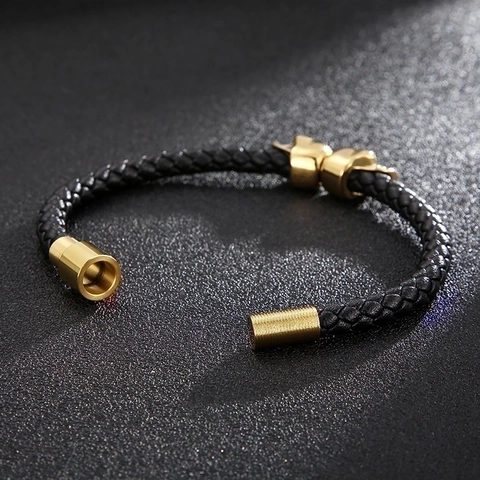 Men Braided Cowhide Leather Bracelet With Stainless Steel Skulls Punk Retro Gothic Jewelry Magnetic Clasp