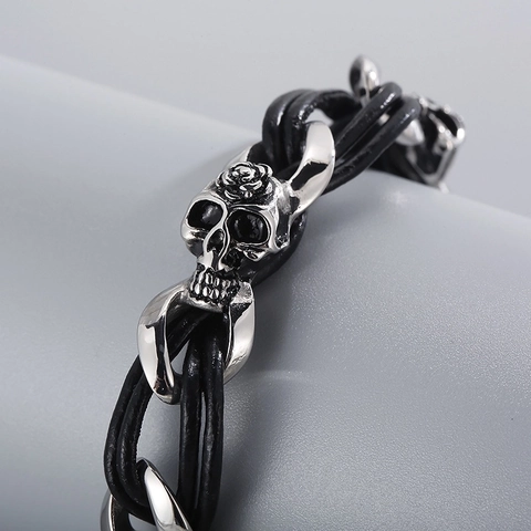 Bracciale In Pelle Intrecciata Da Uomo Con Teschio In Acciaio Inossidabile Gioielli Punk Gotici Retro Rock