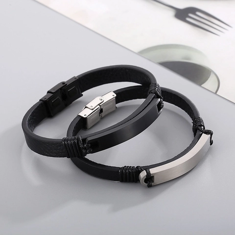 Pulsera Para Hombre De Acero Inoxidable Placa ID Curvada Cuero Genuino Trenzado Brazalete Moda Negocios Casual
