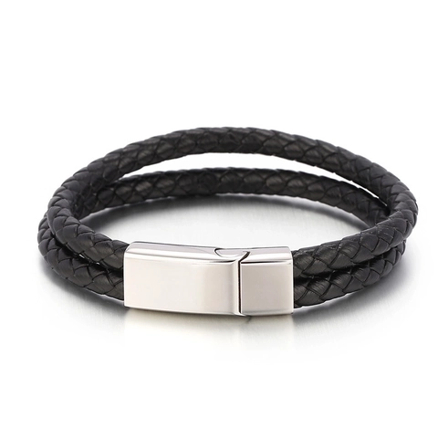Men Woven Cowhide Leather Bracelet Double Layer Braided Casual Punk Style With Stainless Steel Magnetic Clasp