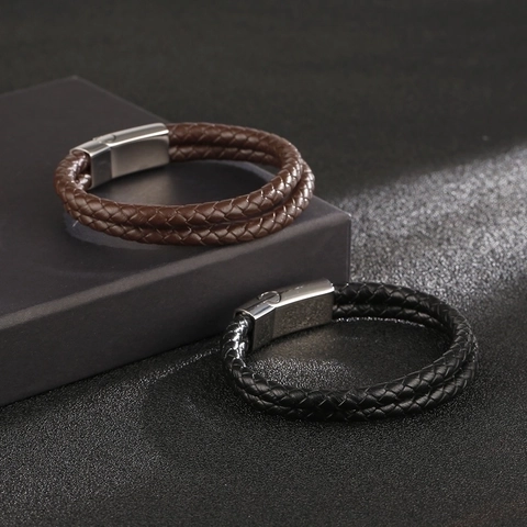 Men Woven Cowhide Leather Bracelet Double Layer Braided Casual Punk Style With Stainless Steel Magnetic Clasp