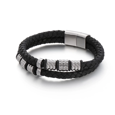 Double Layer Braided Leather Bracelet Men With 316L Stainless Steel Magnetic Clasp Geometric Industrial Style Jewelry