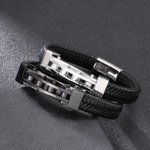 Men Braided Leather Bracelet Stainless Steel Magnetic Clasp Mechanical Industrial Style Retro Punk Wristband Jewelry