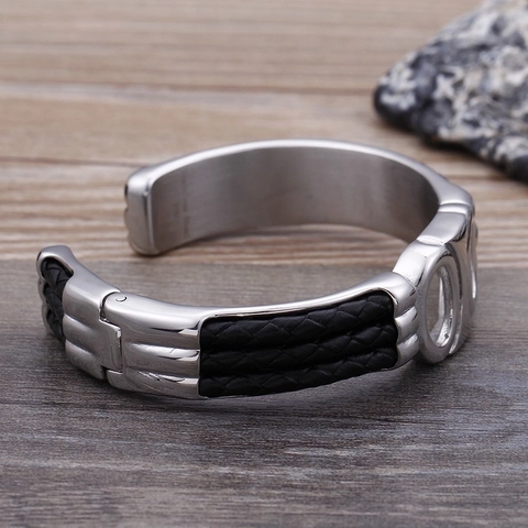 Men Bangle Bracelet Stainless Steel 316L Black Braided Leather Punk C Shaped Open Cuff Minimalist Jewelry